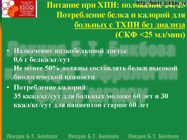 Потребление белка и калорий для больных с терминальной хронической почечной недостаточностью без диализа (СКФ <25 мл/мин)
