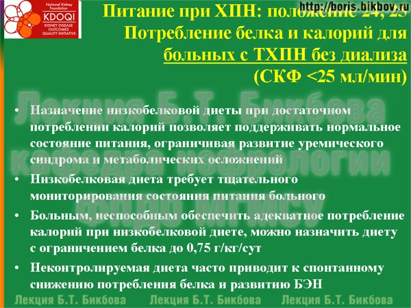 отребление белка и калорий для больных с терминальной хронической почечной недостаточностью без диализа