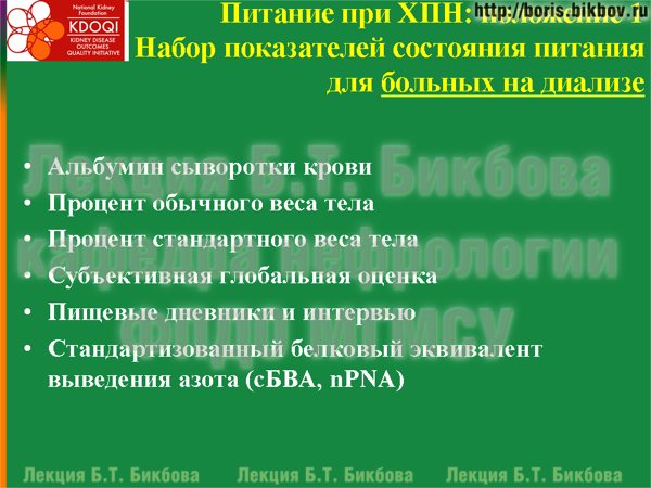 Набор показателей состояния питания для больных на гемодиализе и перитонеальном диализе