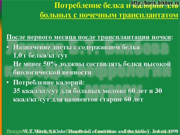 Потребление белка и калорий после первого месяца после трансплантации почки