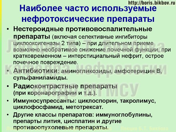 Наиболее часто используемые нефротоксические лекарственные препараты Наиболее часто используемые препараты с потенциальным нефротоксическим действием